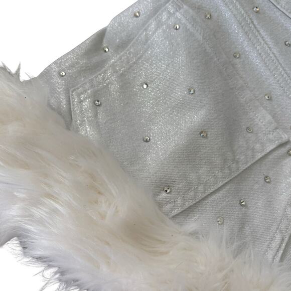 Upcycled Faux Fur Micro Skirt Crystals Y2K White Silver Metallic Voated Denim - Picture 6 of 7